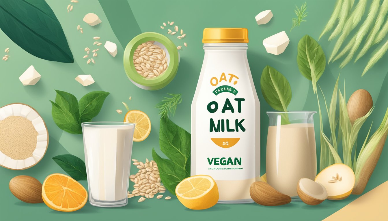 A carton of oat milk surrounded by various plant-based ingredients, with a prominent "vegan" symbol displayed on the packaging