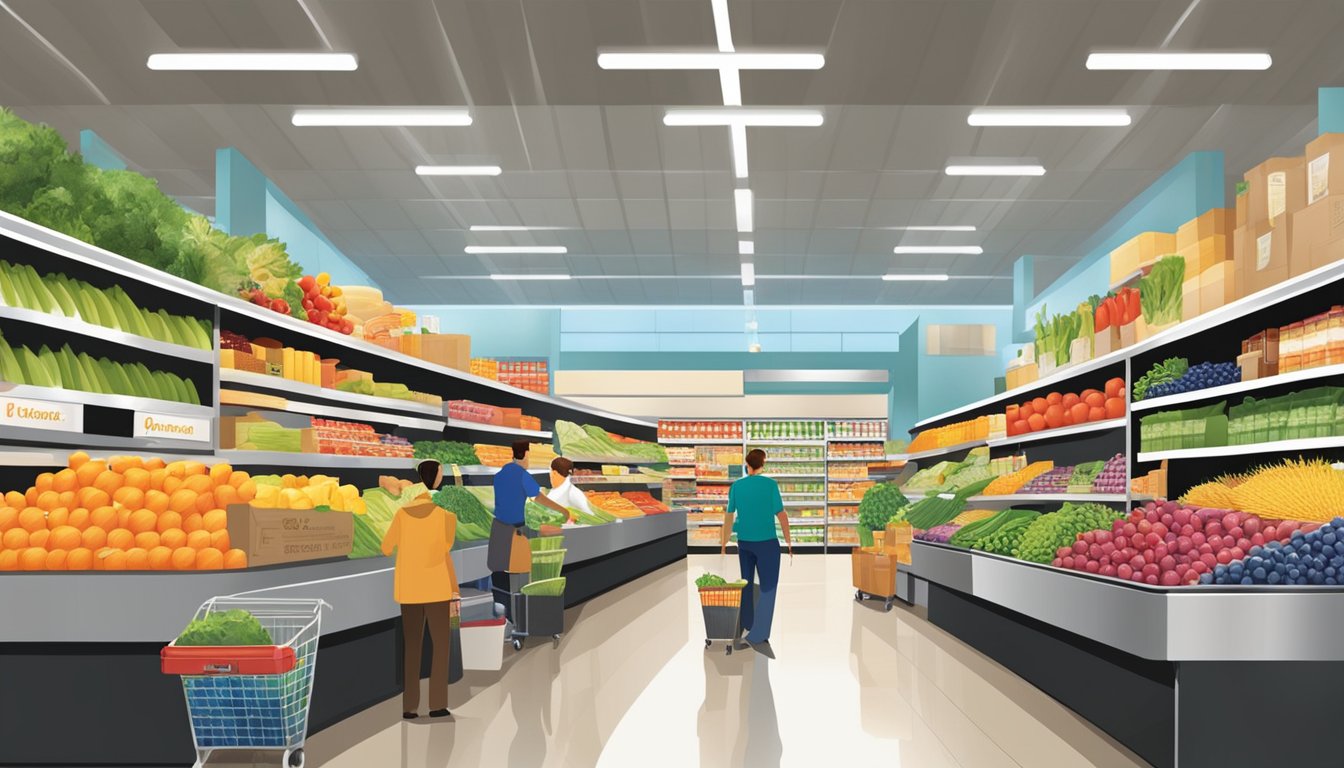 A bustling Safeway store with bright, clean aisles, friendly employees, and shelves stocked with fresh produce and products