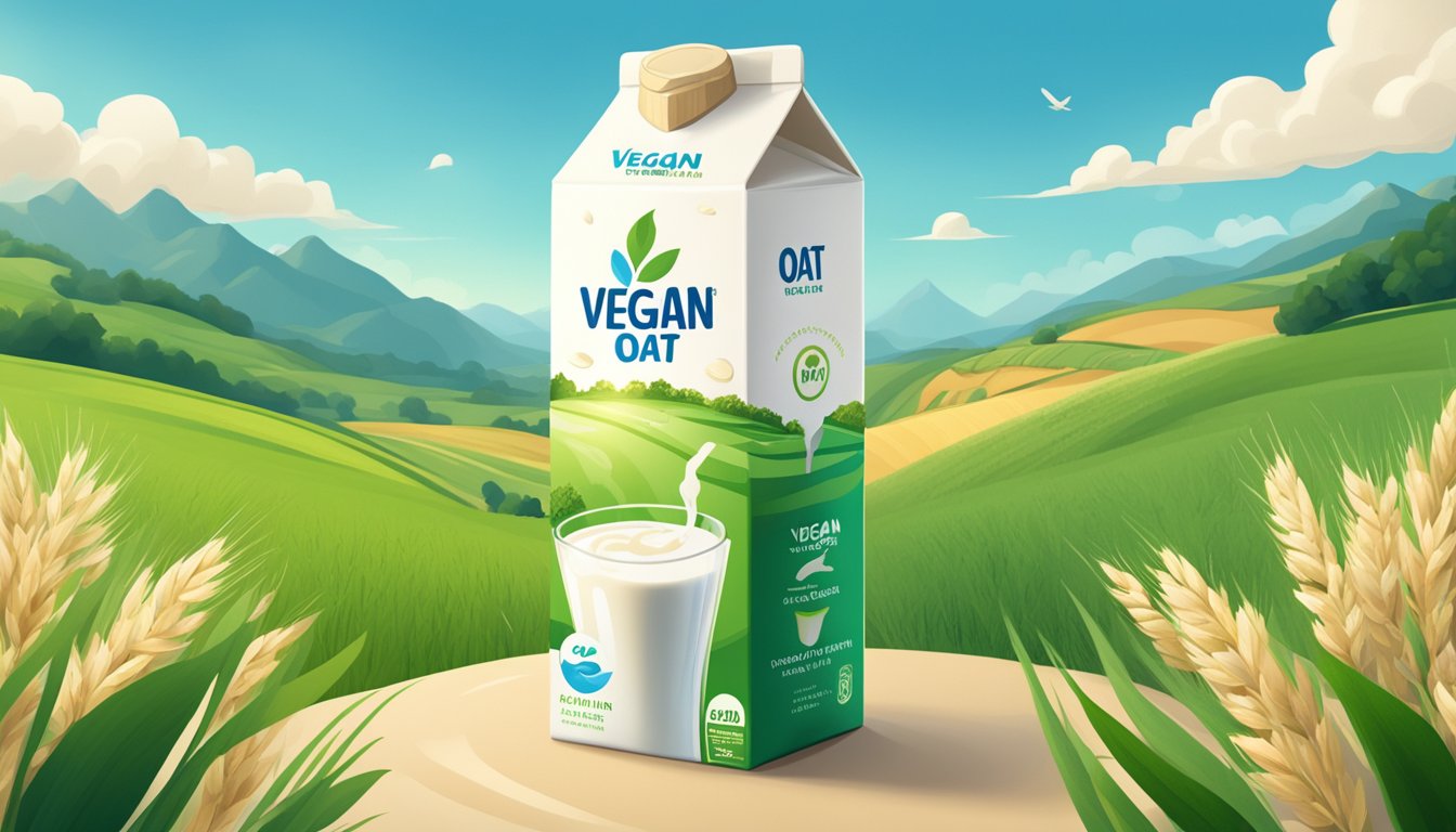 A carton of oat milk surrounded by lush green fields and a clear blue sky, with a prominent "vegan" symbol displayed on the packaging