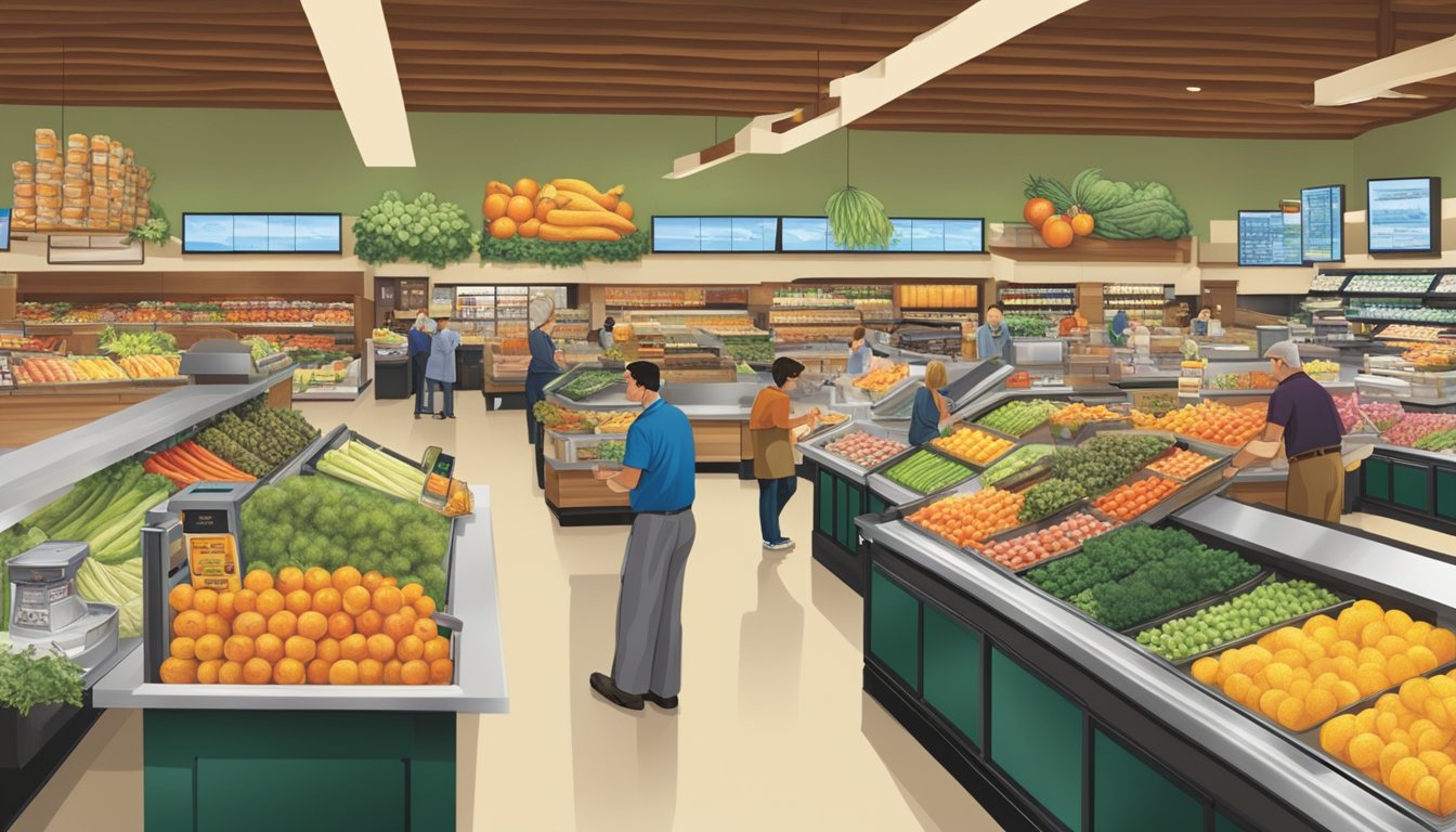 A bustling Wegmans store with a wide array of innovative services and features, including self-checkout kiosks, a sushi bar, and a vast selection of organic produce