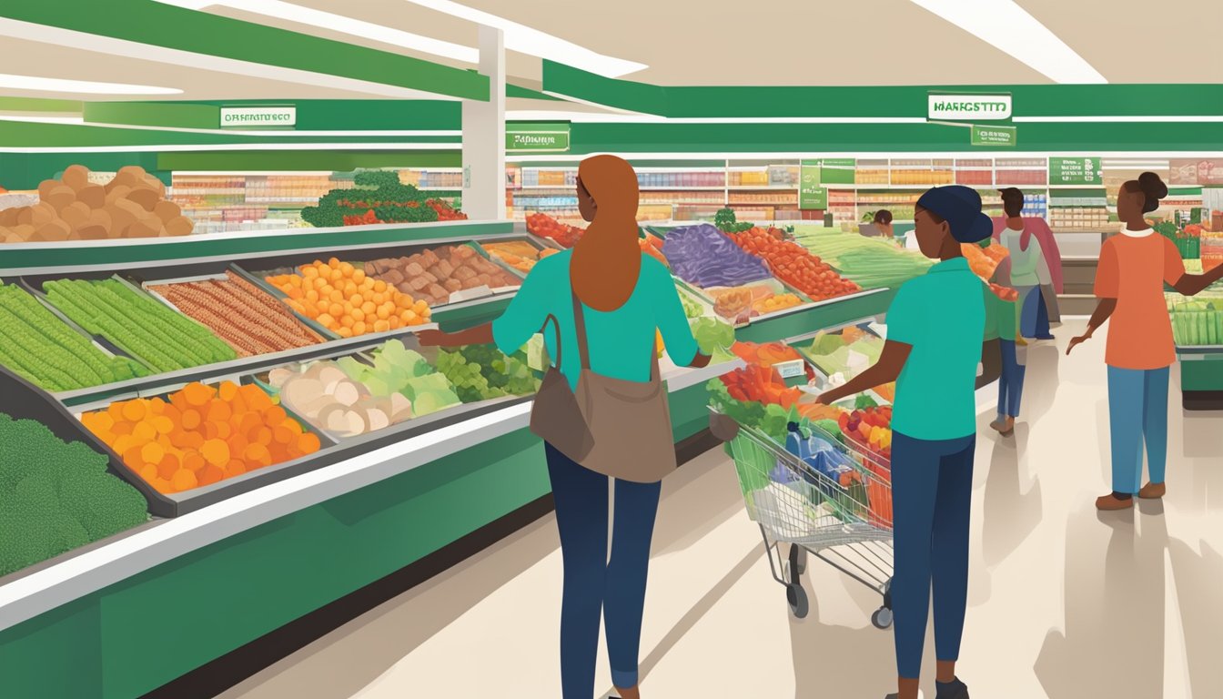 A bustling Harris Teeter store with bright, organized aisles and a wide selection of fresh produce, meats, and packaged goods. Customers are happily shopping and interacting with friendly staff