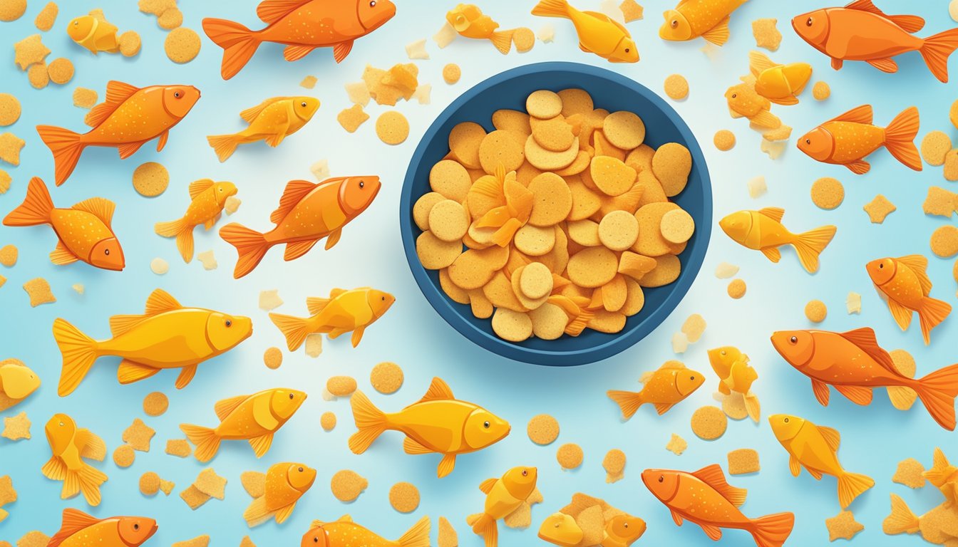 A bowl of colorful goldfish crackers sits on a table, surrounded by scattered crumbs. A variety of shapes and sizes are visible, with the iconic smiling fish design clearly recognizable