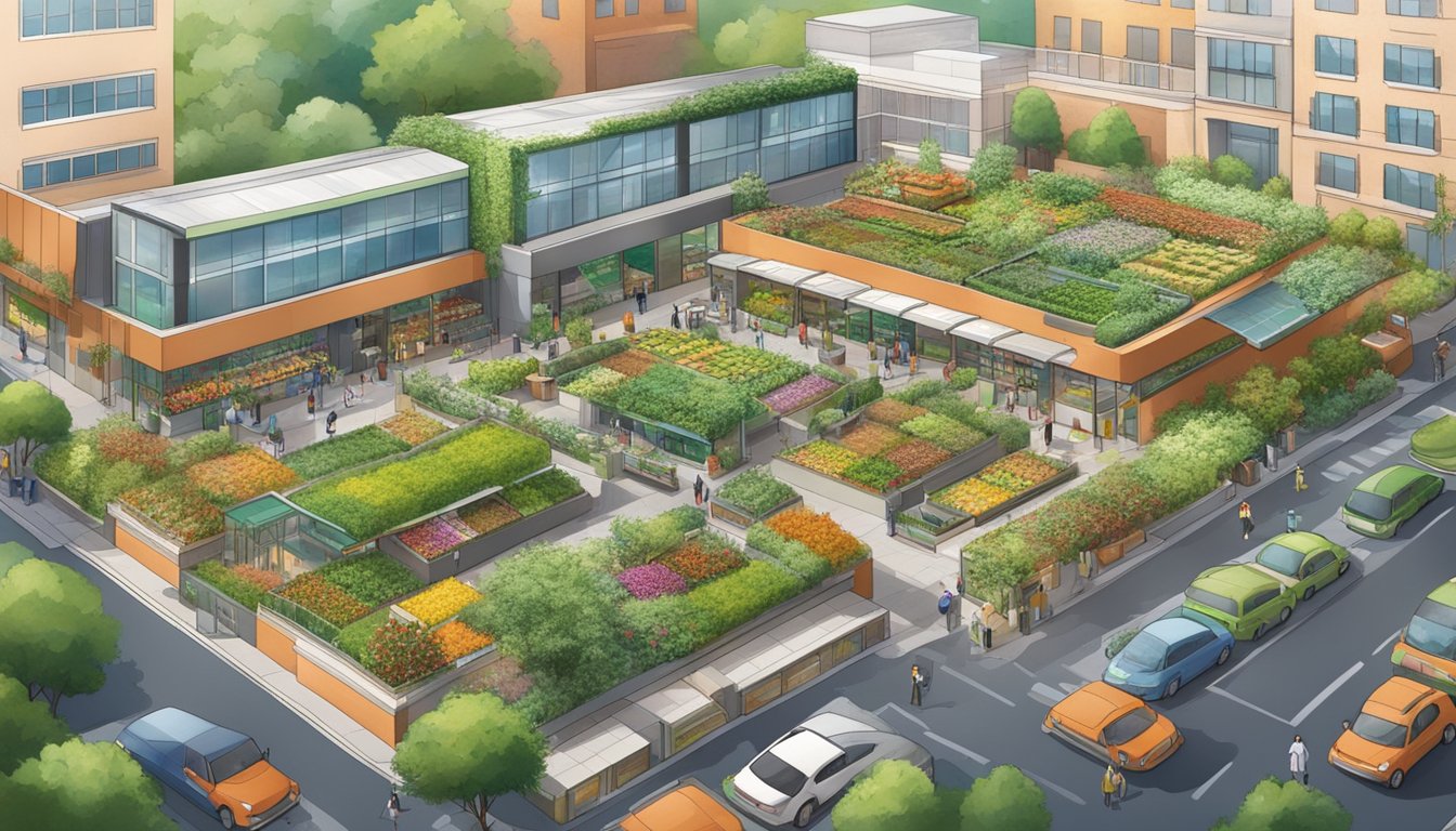 A bustling grocery store with a lush rooftop garden and recycling stations, surrounded by green spaces and community gardens