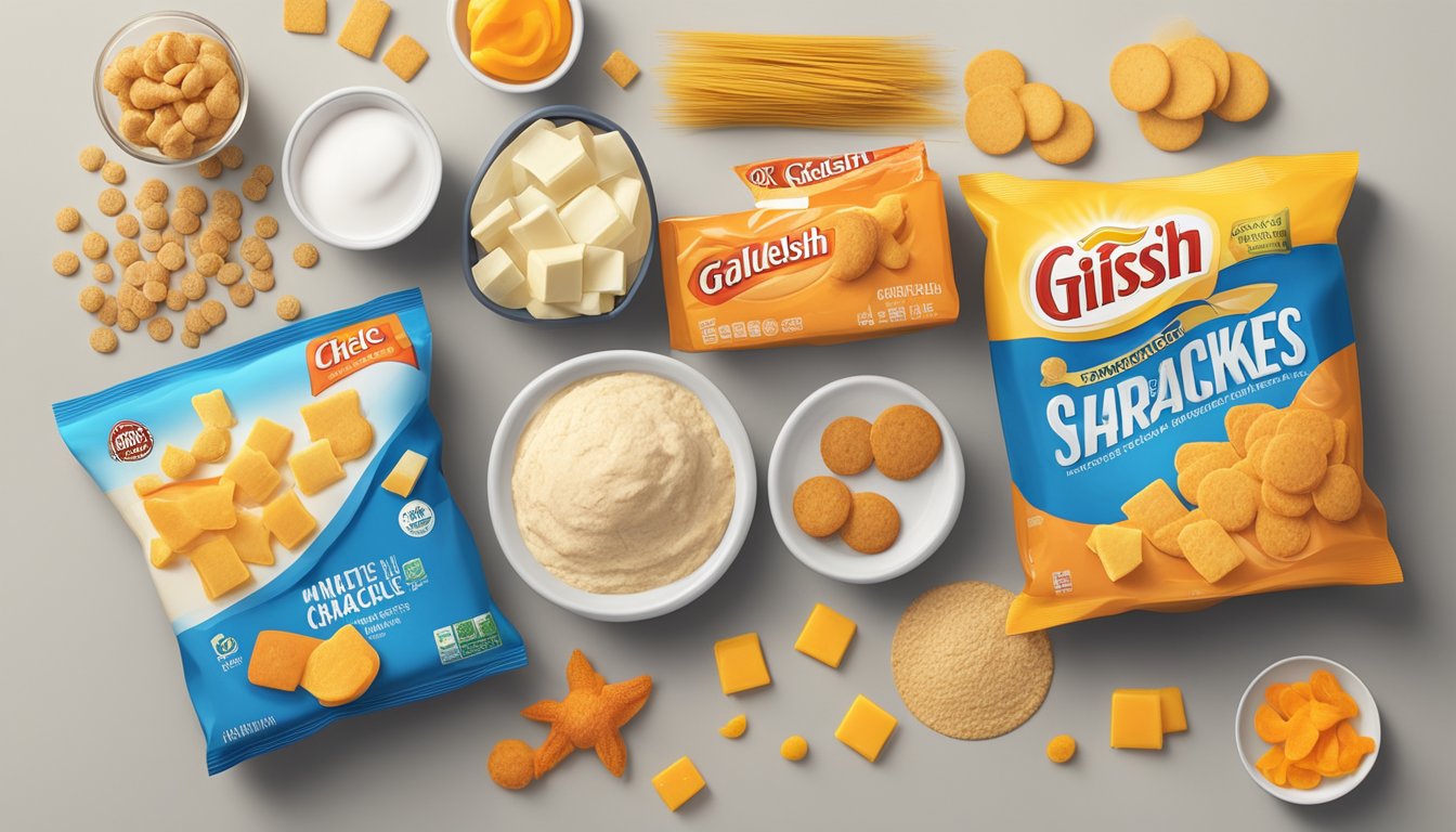 A variety of ingredients including wheat flour, cheddar cheese, and vegetable oils laid out on a table, with a pack of goldfish crackers beside them