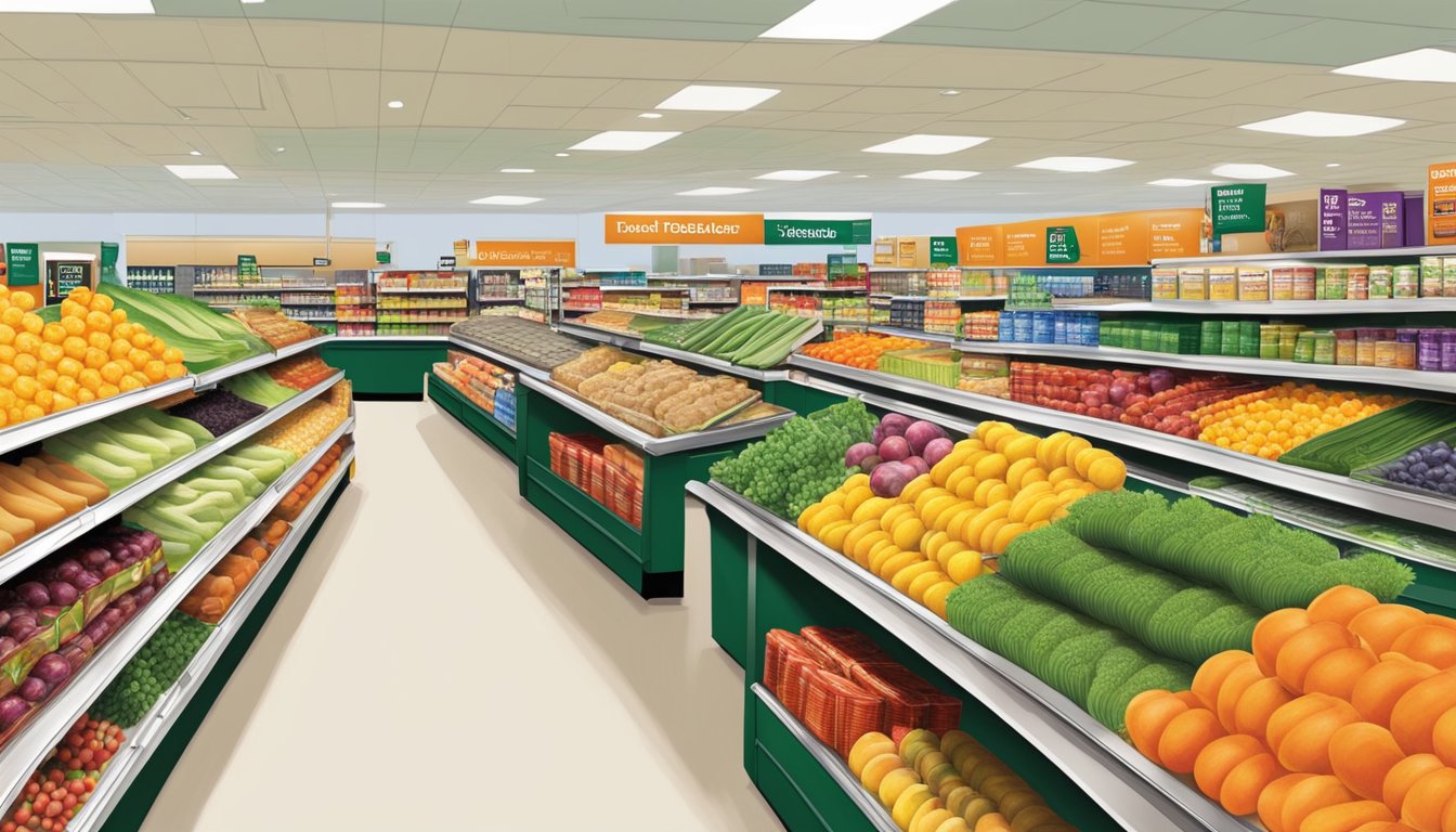 A bustling Harris Teeter store with bright, organized aisles and friendly staff assisting customers. Clean, well-stocked shelves and a wide selection of fresh produce and products