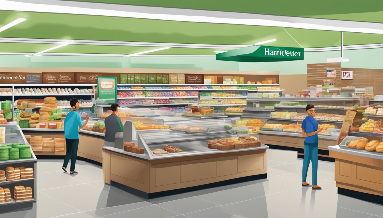 A bustling Harris Teeter store with a wide array of additional offerings and services, including a pharmacy, bakery, and deli counter