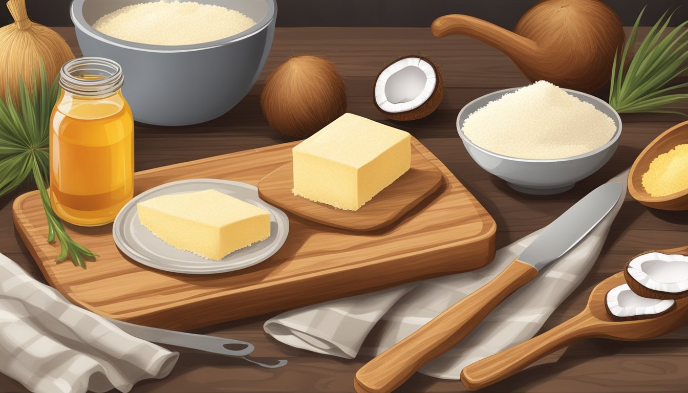 A rustic kitchen scene with a wooden cutting board, a bowl of cornmeal, a can of coconut milk, and a bottle of maple syrup