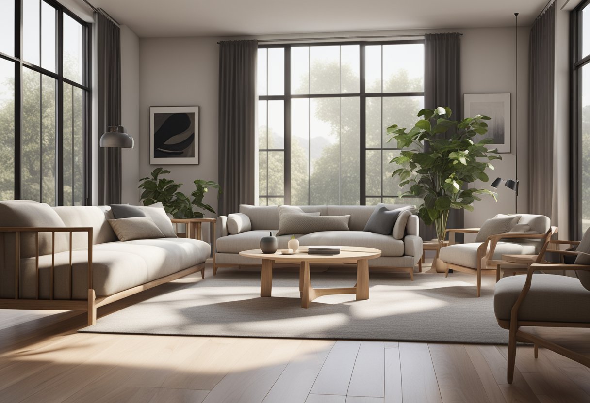 A clean, uncluttered living room with simple furniture, neutral colors, and natural light streaming in through large windows