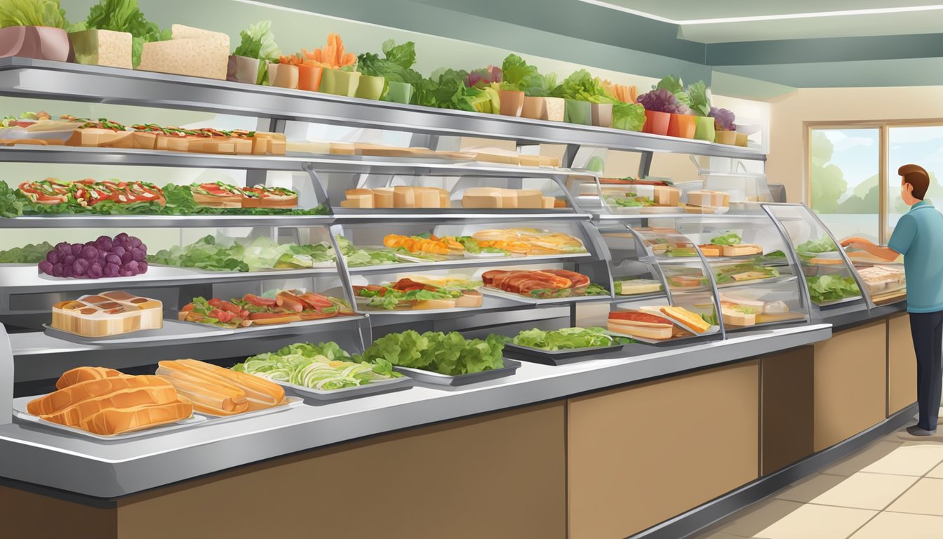 A bustling deli counter with a variety of prepared foods, fresh salads, and sandwiches displayed in an organized and inviting manner