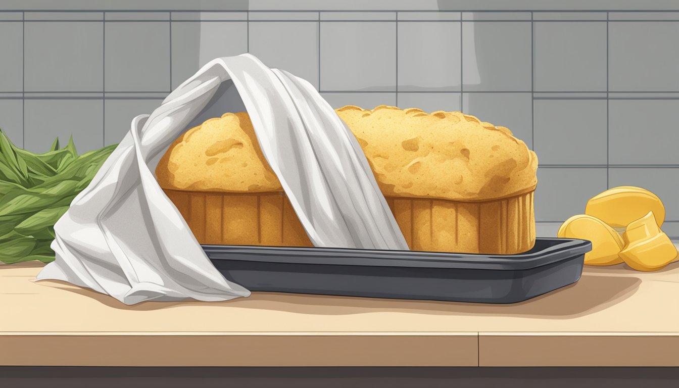 A fresh loaf of vegan cornbread wrapped in a cloth and stored in an airtight container on a kitchen counter