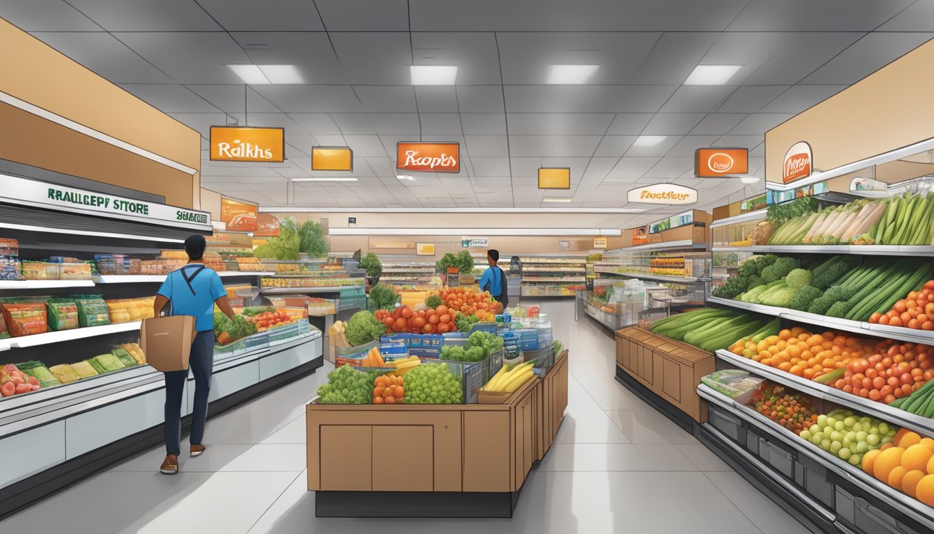 A bustling grocery store with advanced technology and convenient online features, showcasing the innovative services that make Ralphs the best grocery store chain