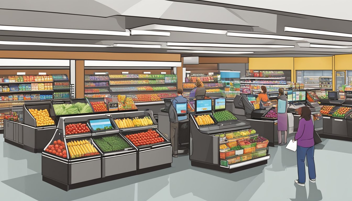 A bustling Giant Eagle store with modern self-checkout kiosks, vibrant produce displays, and friendly staff assisting customers