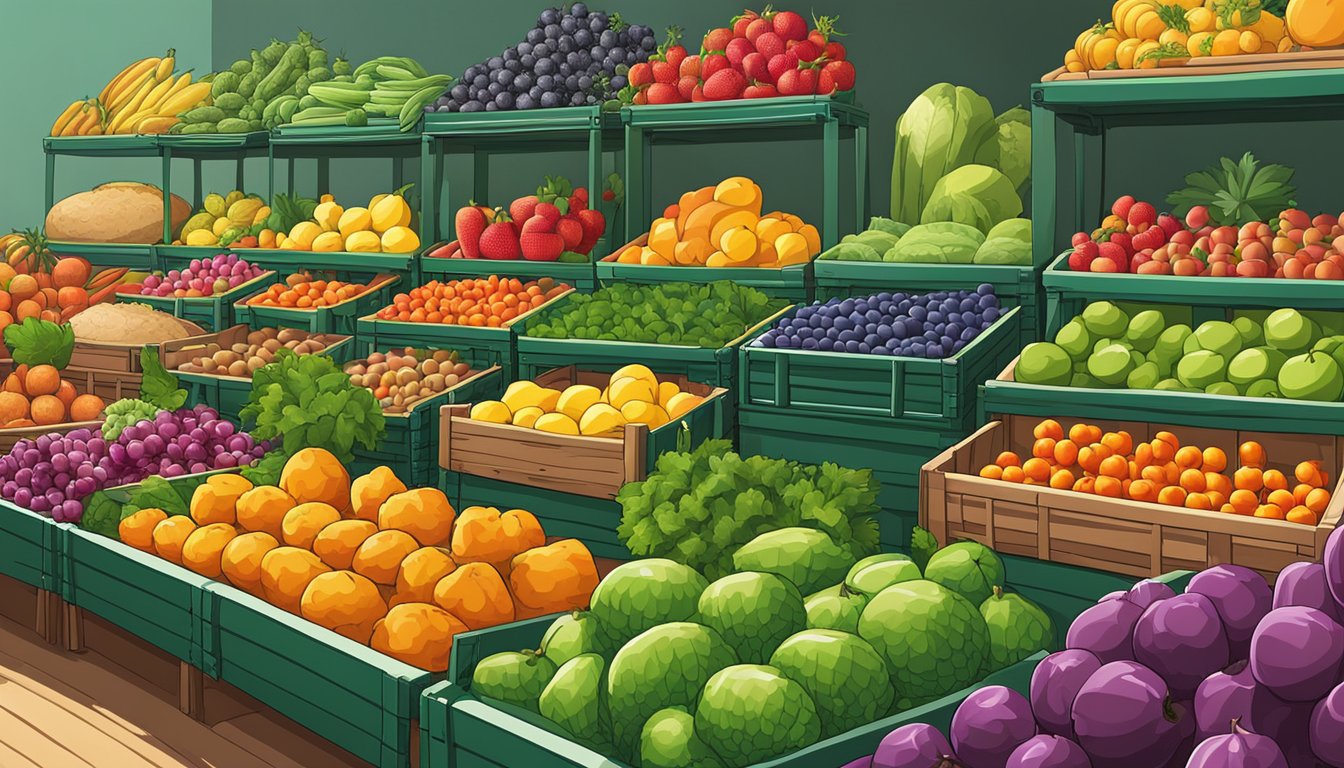 A colorful array of fresh fruits and vegetables, neatly arranged in baskets and crates, with vibrant colors and a wide variety of produce