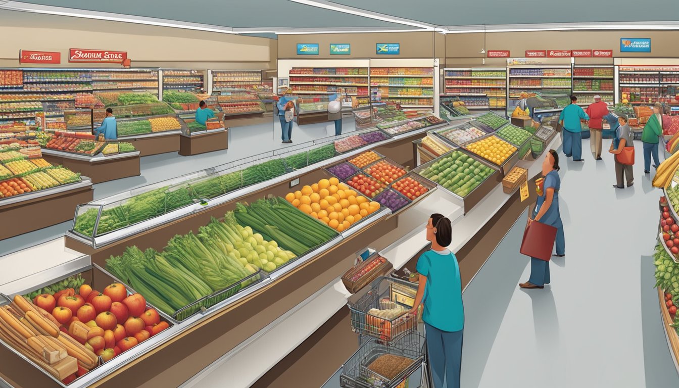 A bustling Giant Eagle store, filled with fresh produce, friendly staff, and a wide variety of products. Customers happily shop, enjoying the clean and organized aisles