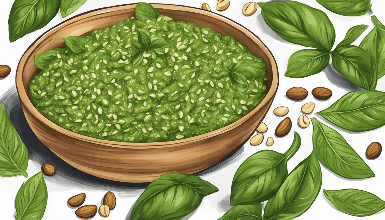 A bowl of vegan pesto surrounded by fresh basil leaves and pine nuts