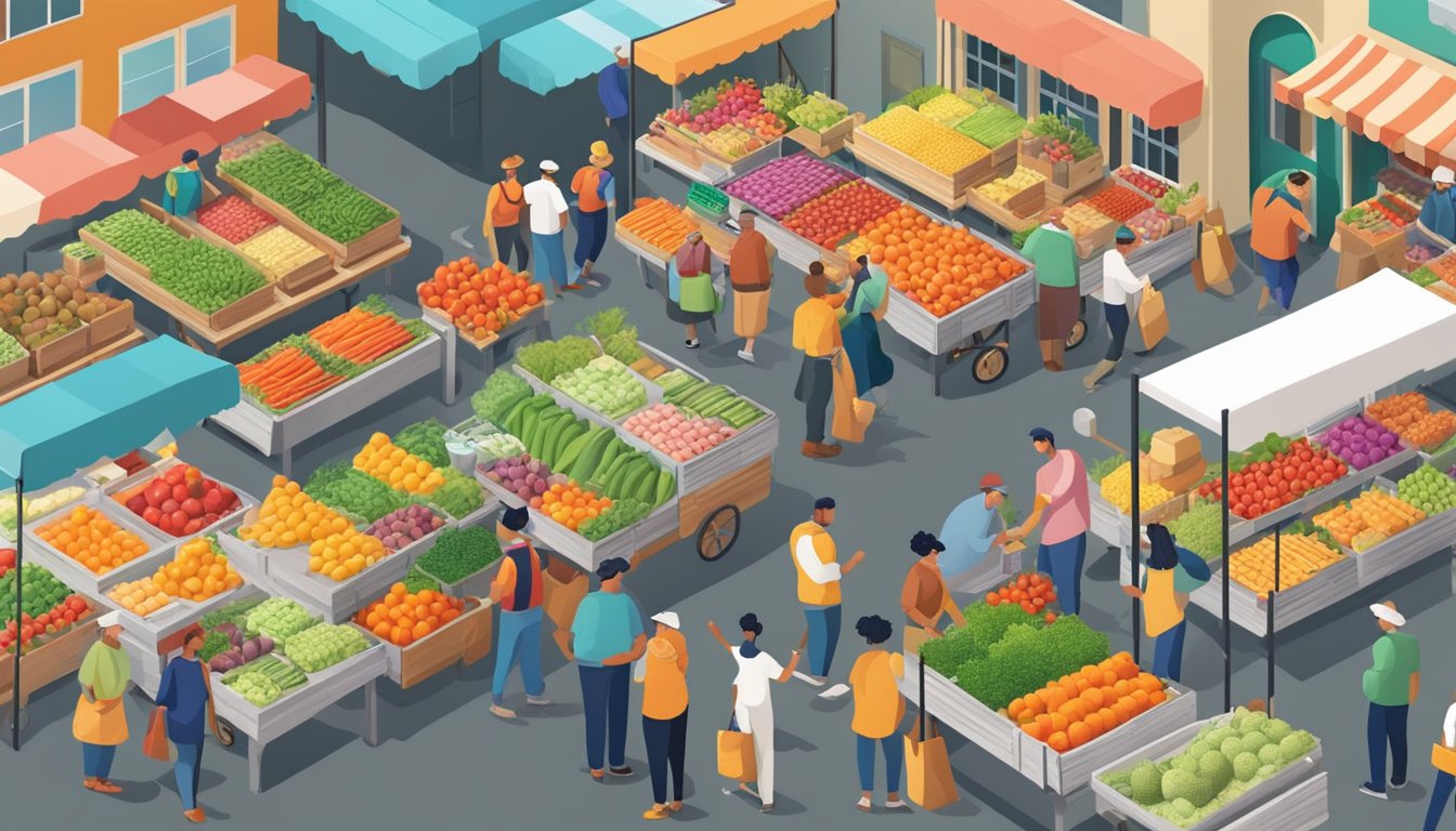 A bustling farmers market with vibrant produce and competitive prices. Customers happily filling their carts with value-packed groceries