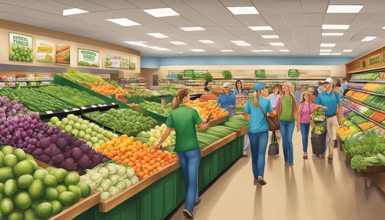 A bustling Sprouts Farmers Market filled with vibrant produce, friendly staff, and happy customers enjoying a personalized shopping experience