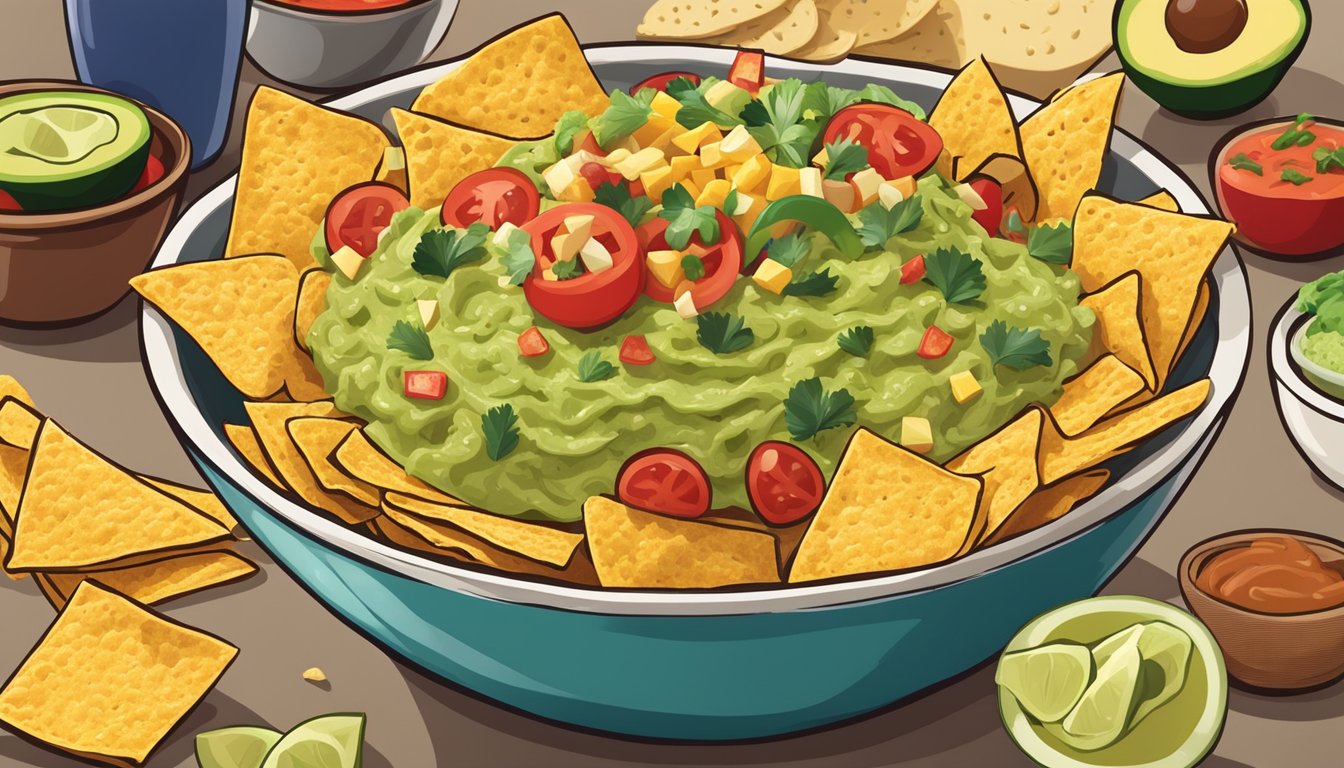 A bowl of Tostitos chips surrounded by various vegan-friendly toppings like guacamole, salsa, and hummus