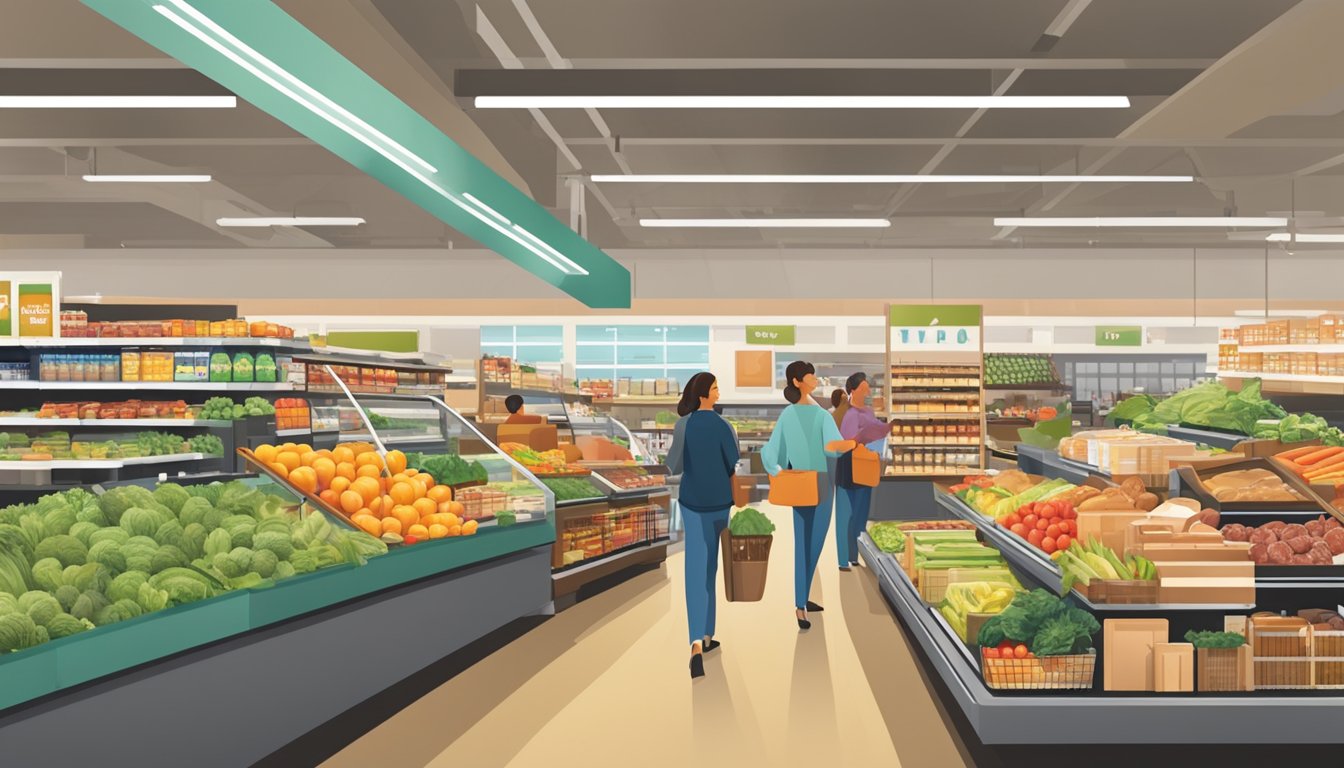 A bustling grocery store with shelves stocked full of fresh produce, meats, and packaged goods. Customers browse the wide selection of quality products at Food Lion