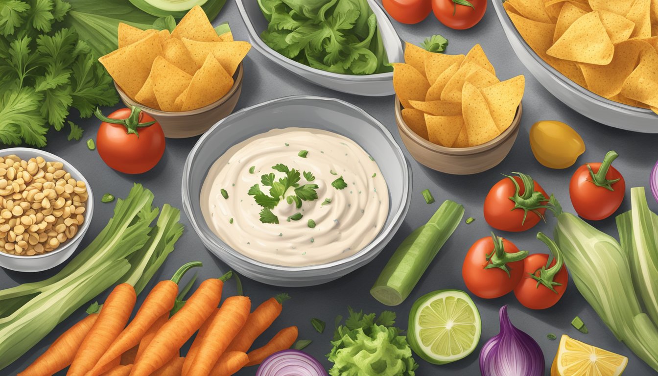 A bowl of vegan-friendly Tostitos chips surrounded by fresh vegetables and a side of dairy-free dip