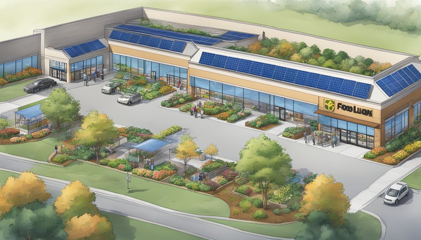 A bustling food lion store with a vibrant community garden and solar panels on the roof, showcasing their commitment to sustainability and community