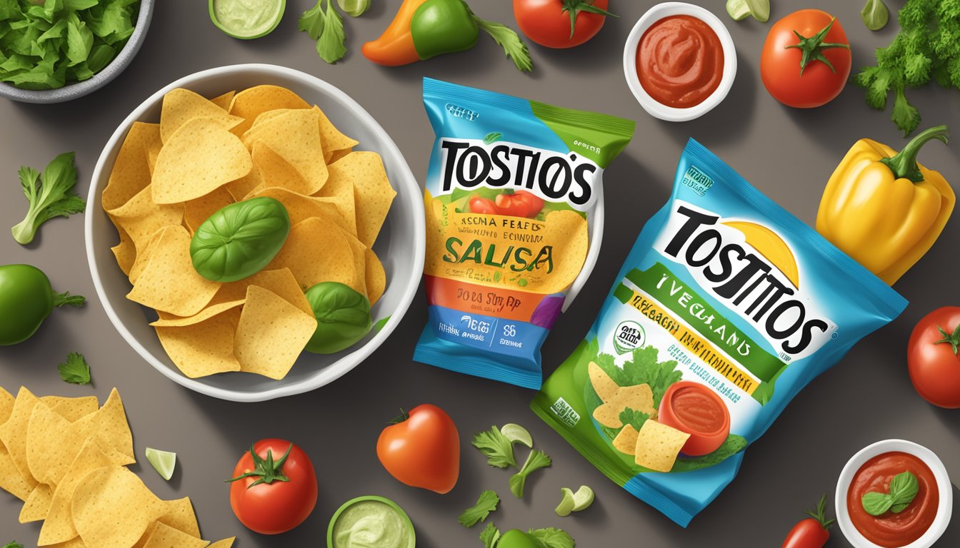 A bowl of Tostitos chips and salsa, surrounded by fresh vegetables and a plant-based dip, with a "vegan-friendly" label on the packaging