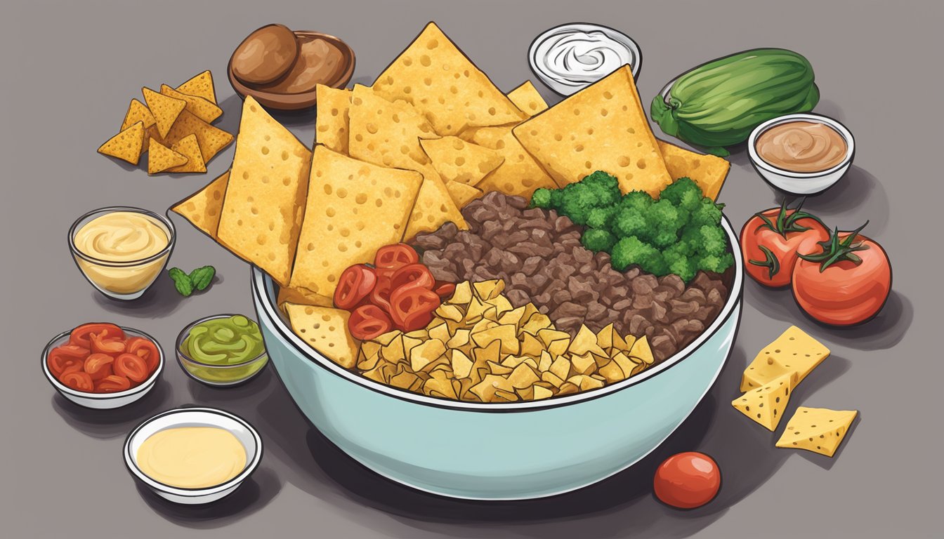 A bowl of Tostitos chips surrounded by non-vegan ingredients such as cheese, sour cream, and meat, with a "vegan" label crossed out