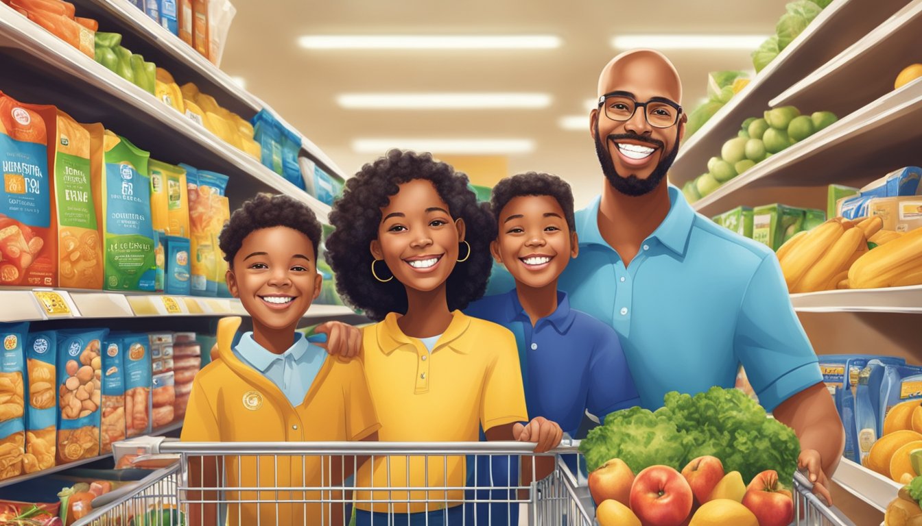 A cheerful family happily redeeming rewards at Food Lion, surrounded by colorful promotional signs and shelves stocked with fresh groceries