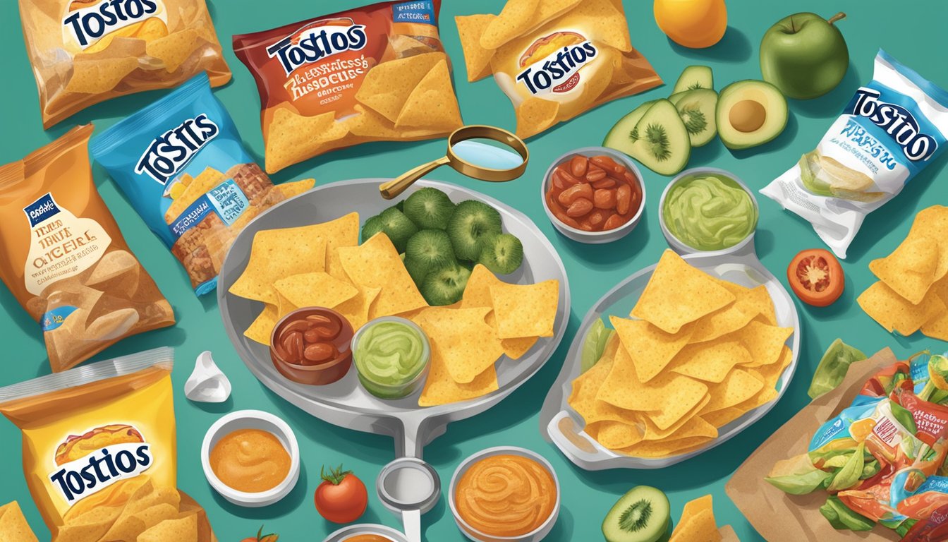 A person reading the ingredients on a bag of Tostitos, surrounded by various food products and a magnifying glass