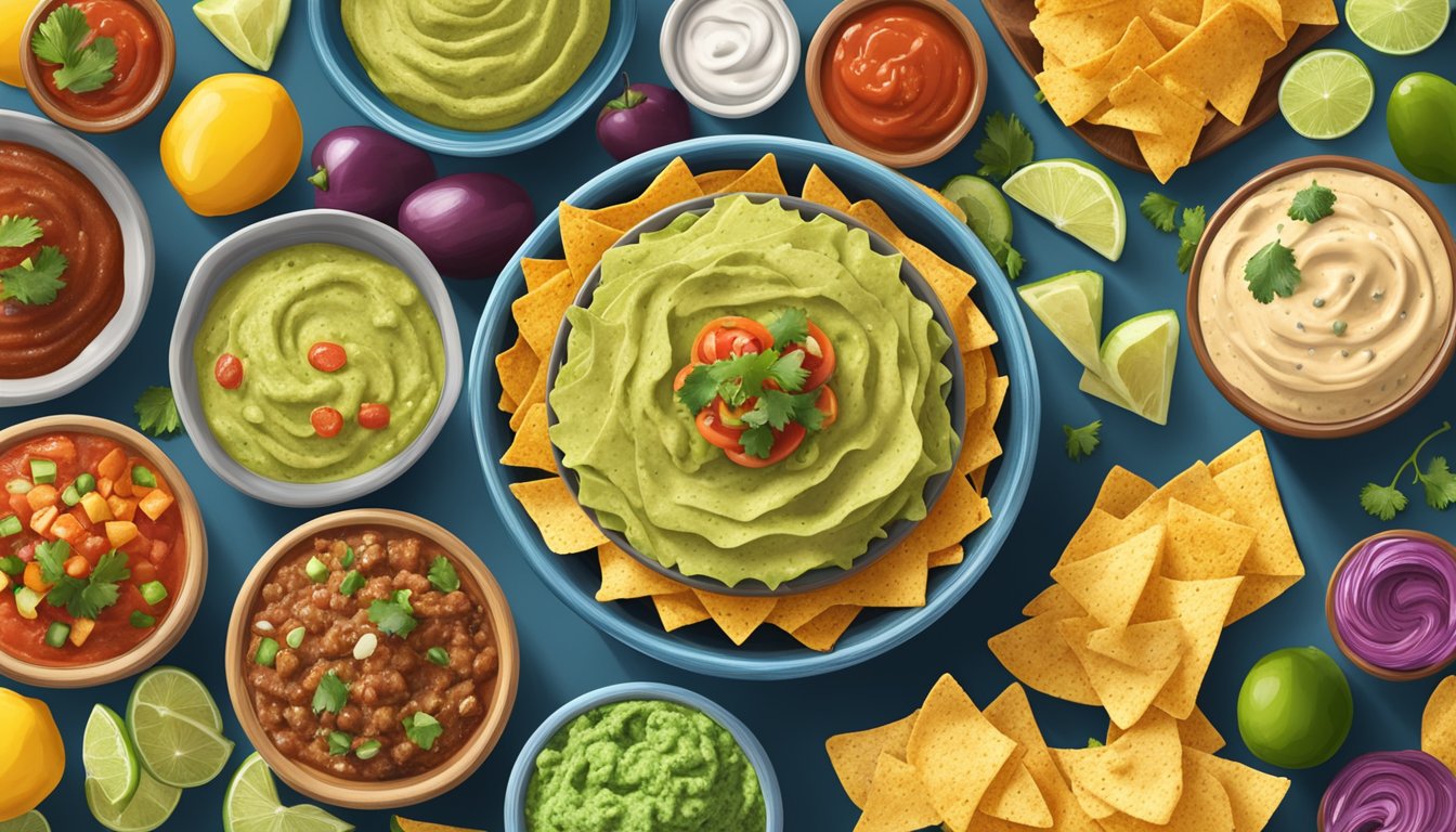 A bowl of Tostitos chips surrounded by a variety of vegan-friendly dips and toppings such as guacamole, salsa, and hummus