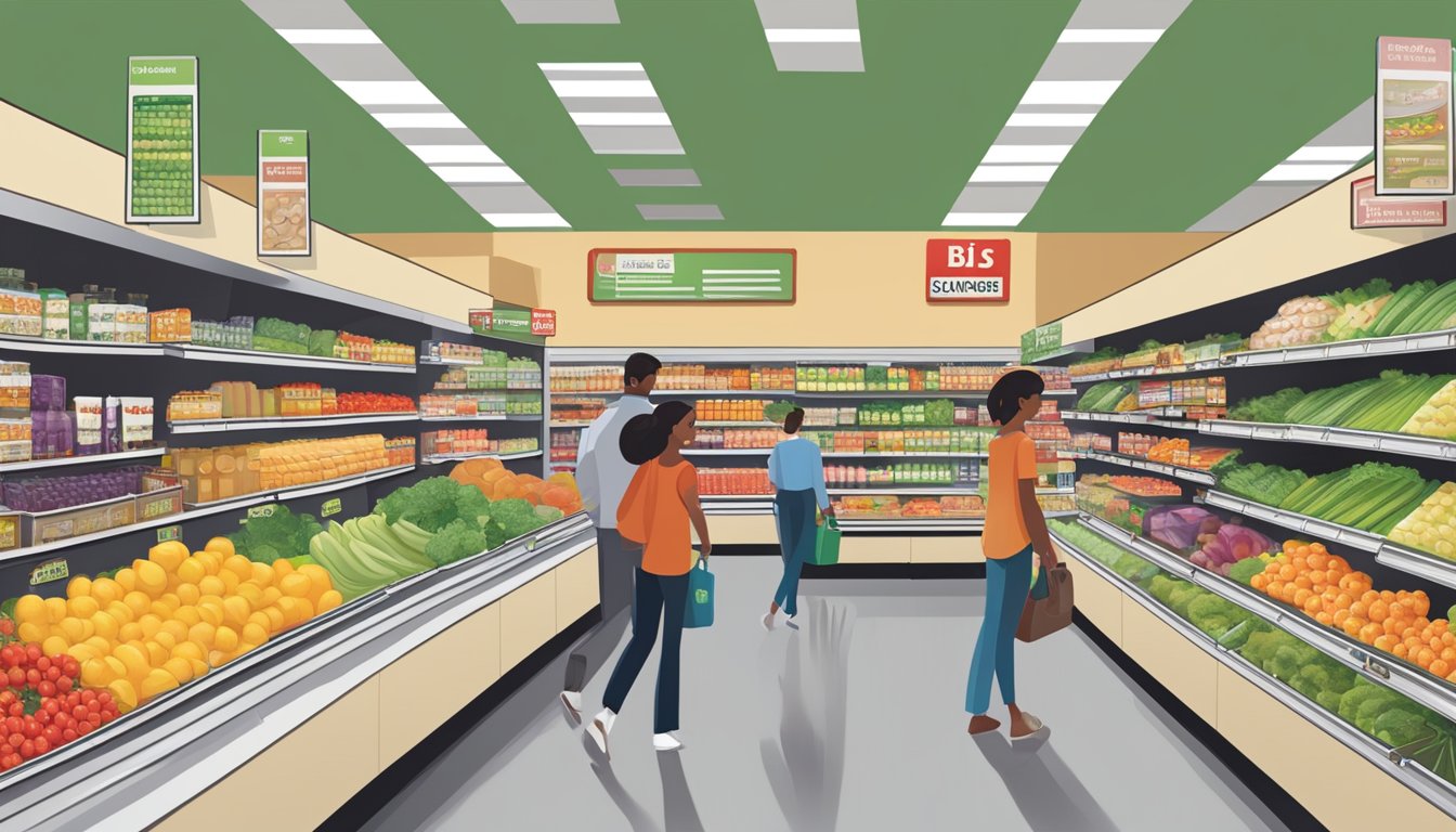 A bustling grocery store with aisles of fresh produce, bulk items, and household goods. Customers browse the various categories of products at BJ's Wholesale Club, enjoying the wide selection and competitive prices