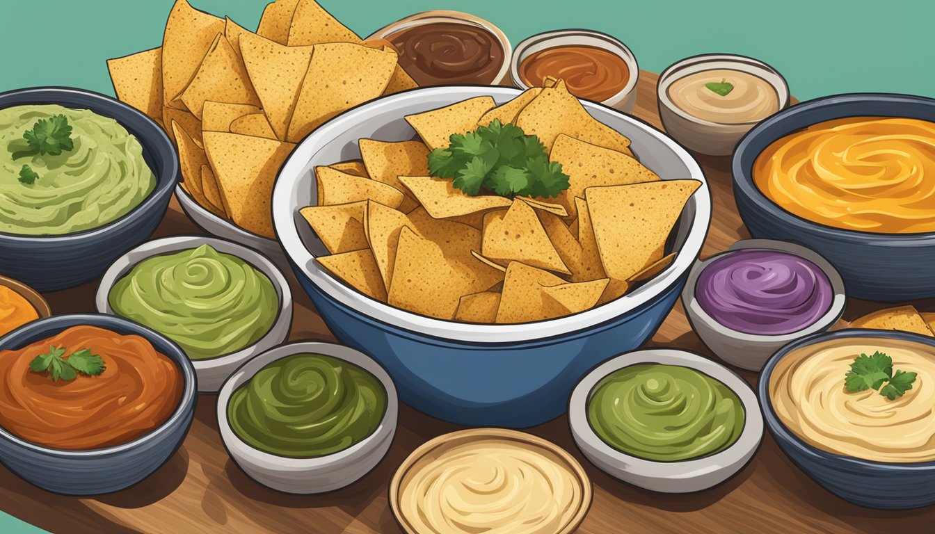 A bowl of Tostitos chips surrounded by various vegan dips and accompaniments