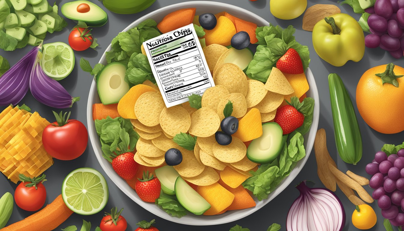 A bowl of Tostitos chips surrounded by various vegetables and fruits, with a nutrition label displayed prominently