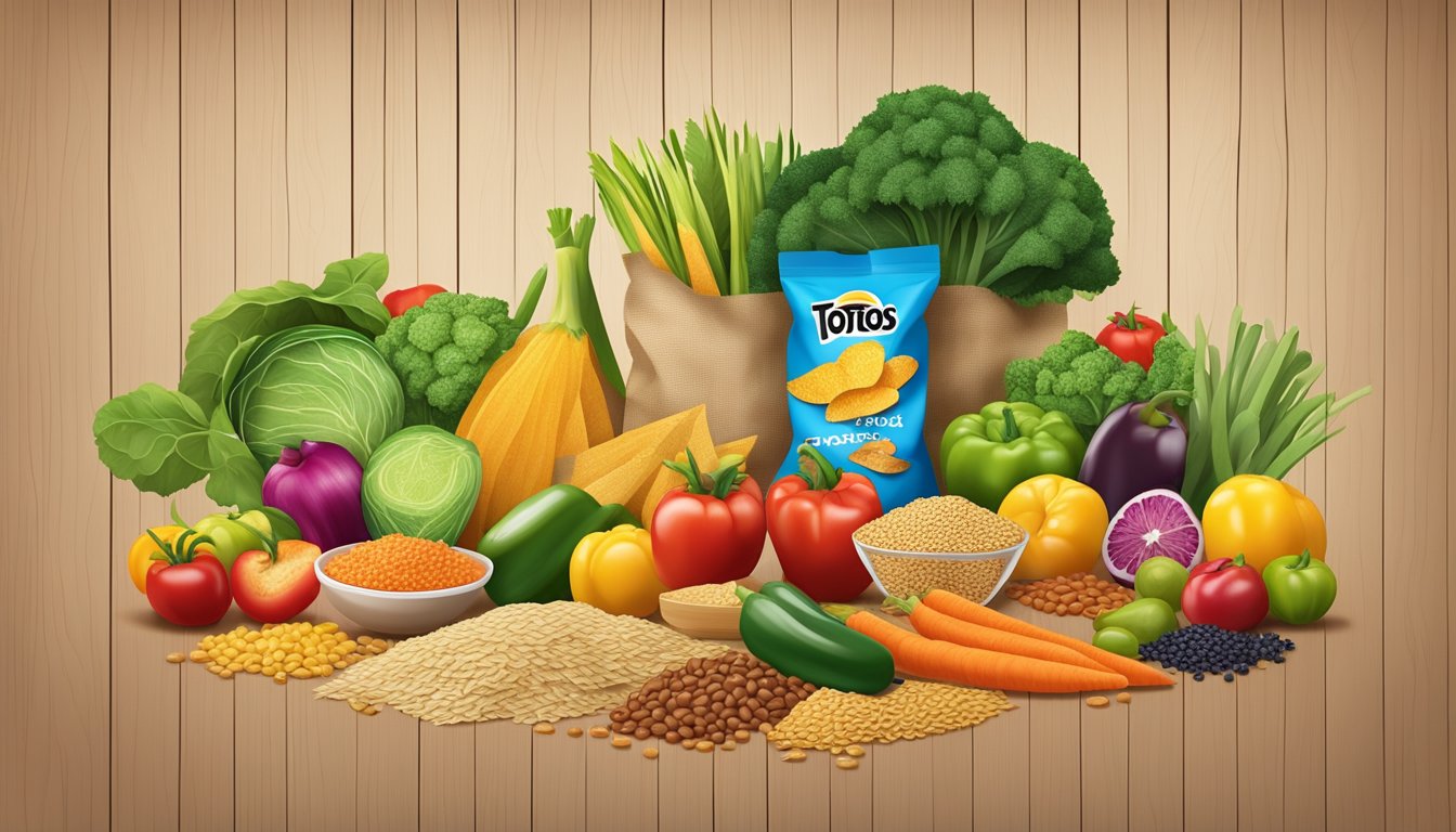 A colorful array of fresh vegetables, fruits, and grains spread out on a wooden table, with a prominent bag of Tostitos chips in the center