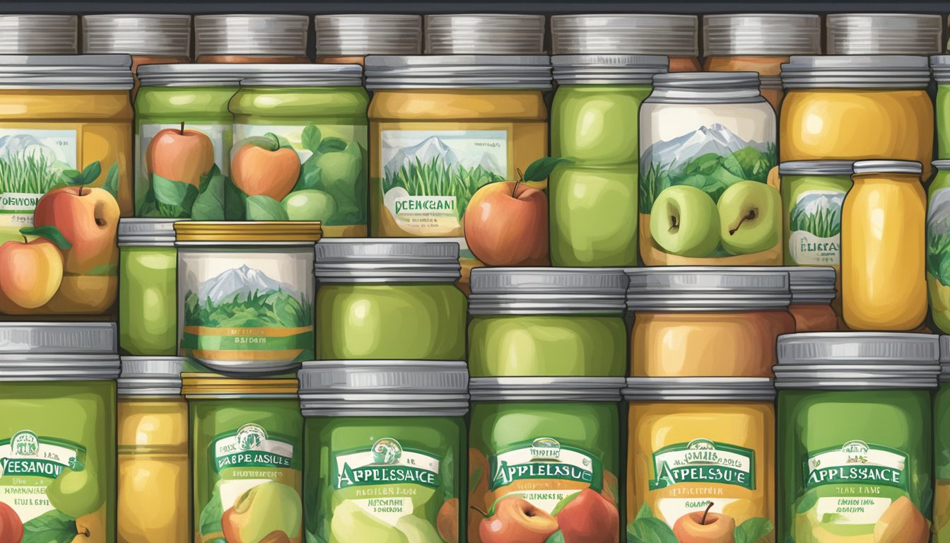 A glass jar of applesauce sits on a shelf next to neatly stacked cans. A label indicates it is vegan