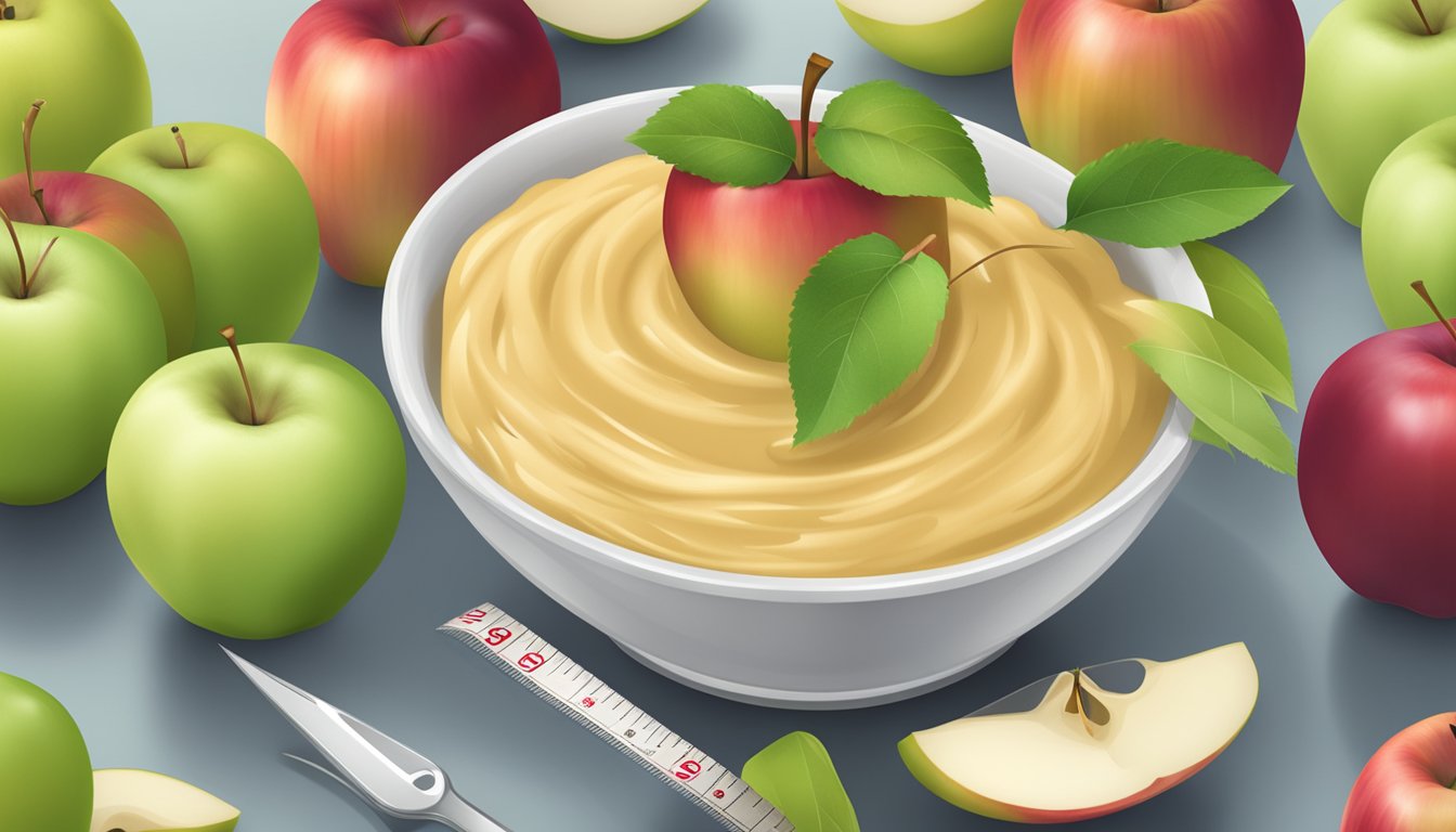 A bowl of applesauce surrounded by fresh apples and a measuring tape