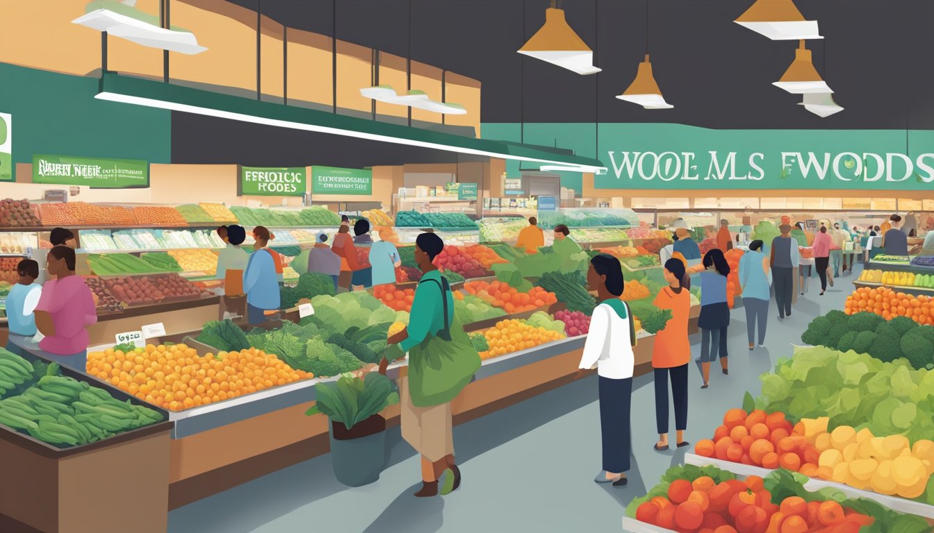 A bustling Whole Foods Market with colorful produce, organic products, and a diverse array of customers browsing the aisles