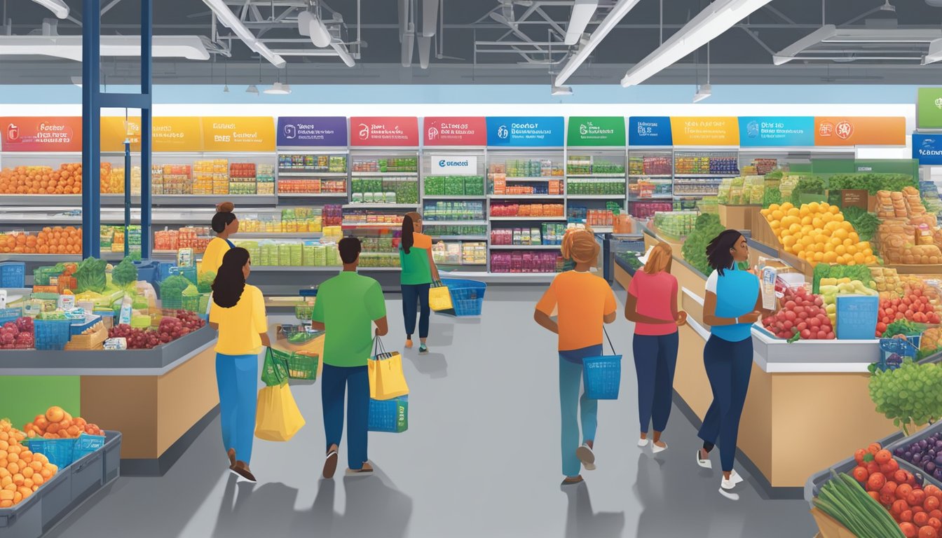 A bustling Sams Club store with colorful displays and signage, showcasing a variety of membership options and grocery items