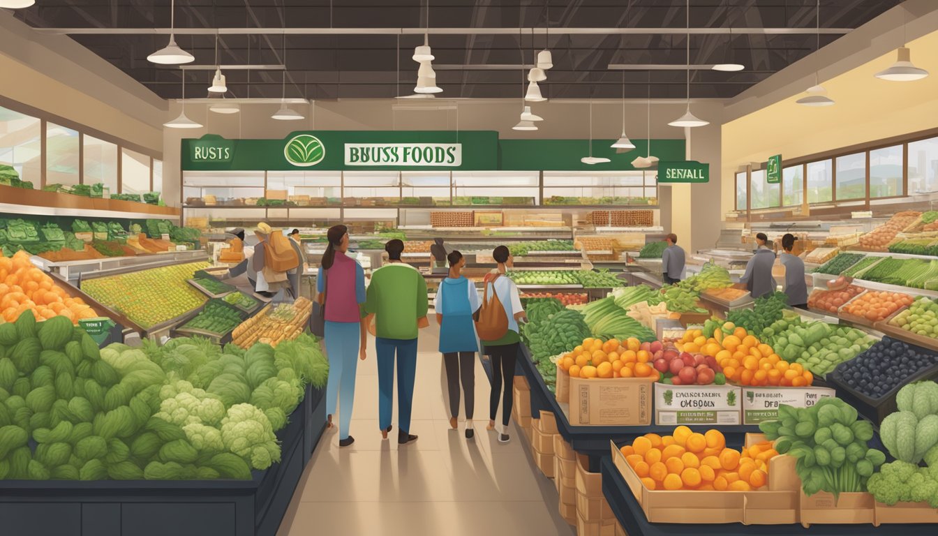 A bustling Whole Foods Market with organic produce, eco-friendly products, and a focus on sustainability and responsibility