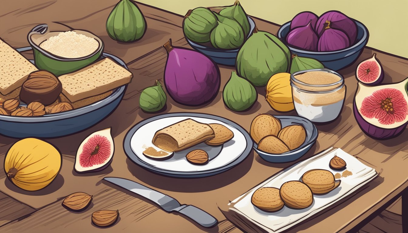 A table with open Fig Newtons surrounded by ingredients like figs and flour