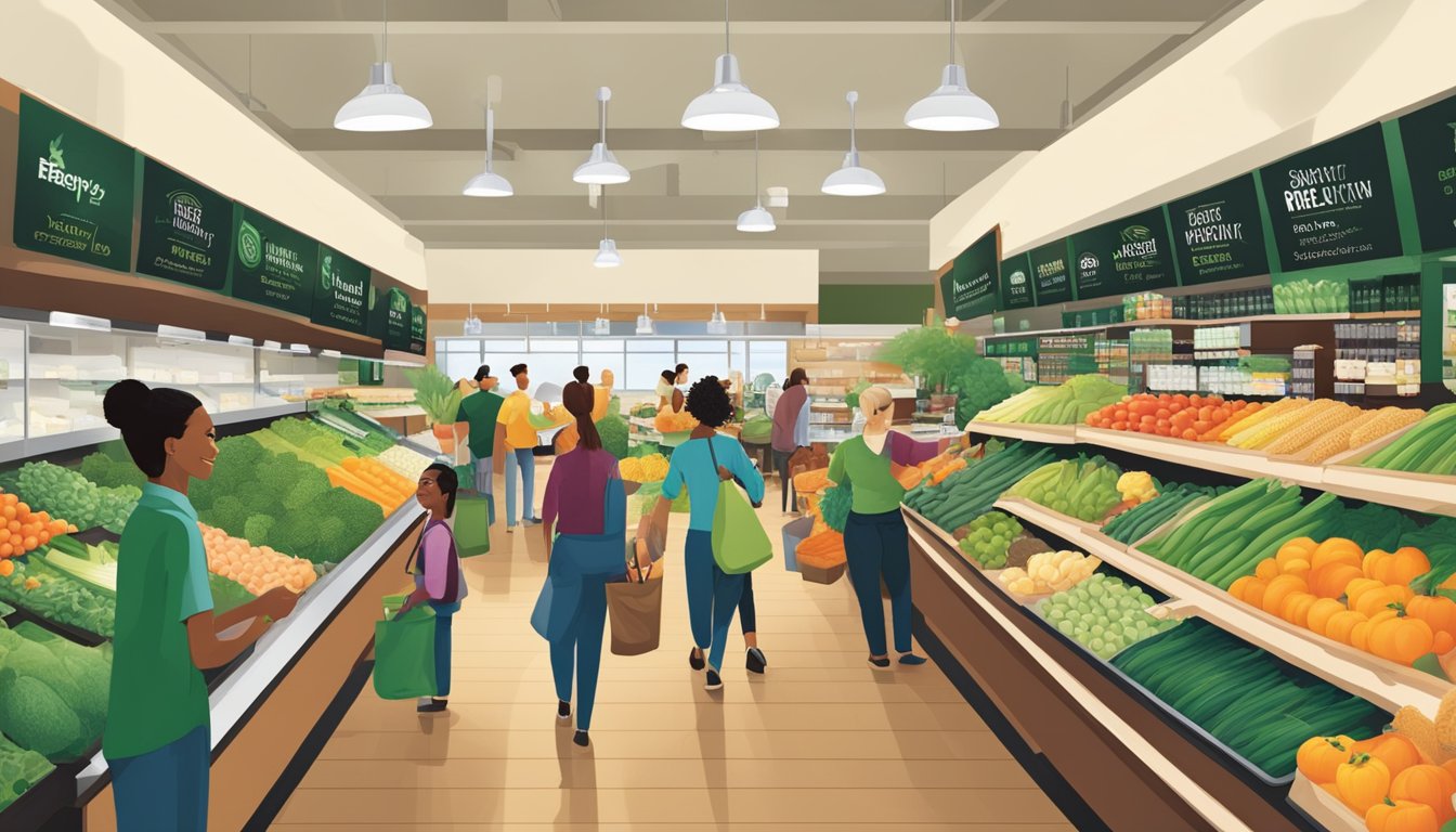 A bustling Whole Foods Market with happy customers, fresh produce, and friendly staff, showcasing the brand's commitment to quality and customer satisfaction