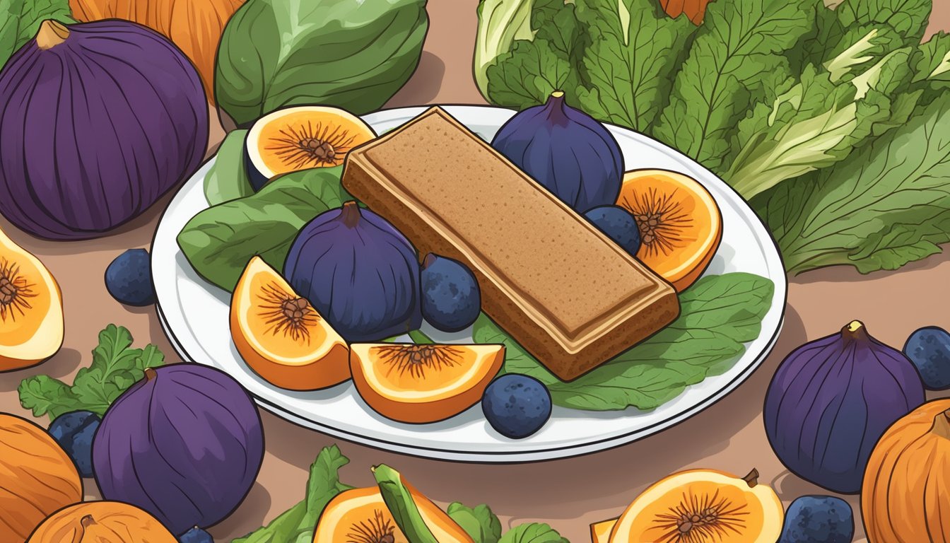 A plate of fig newtons surrounded by fruits and vegetables, with a "vegan" label