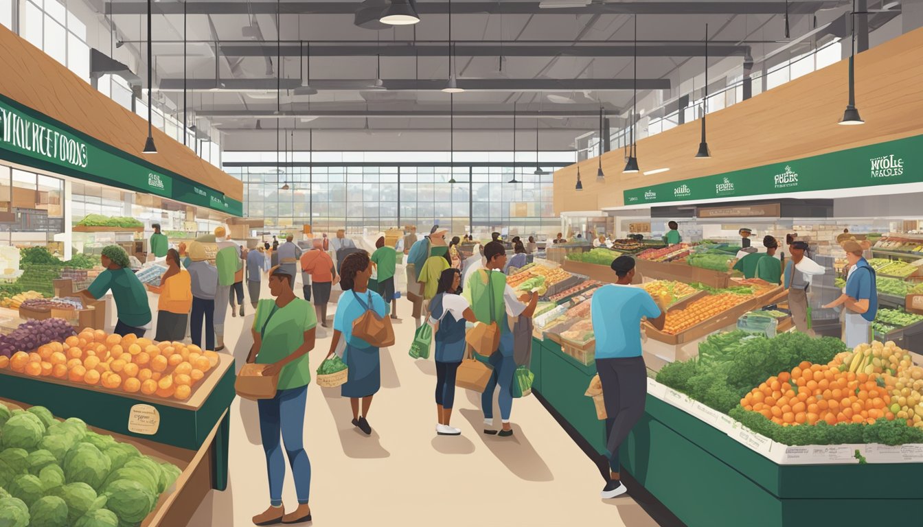 A bustling Whole Foods Market with customers interacting with employees, local vendors showcasing products, and community events taking place inside and outside the store