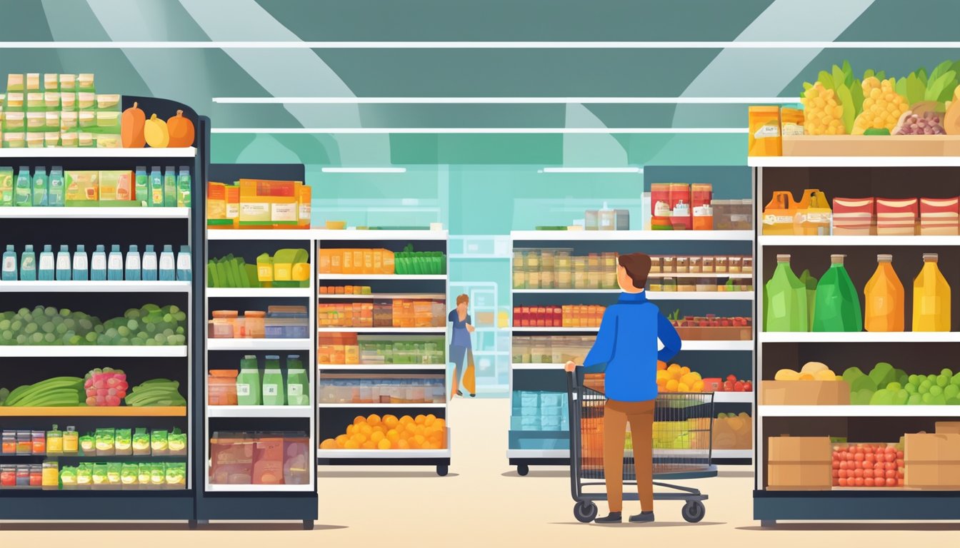 A bustling grocery store with shelves lined with a variety of products. Customers compare prices and fill their carts with goods