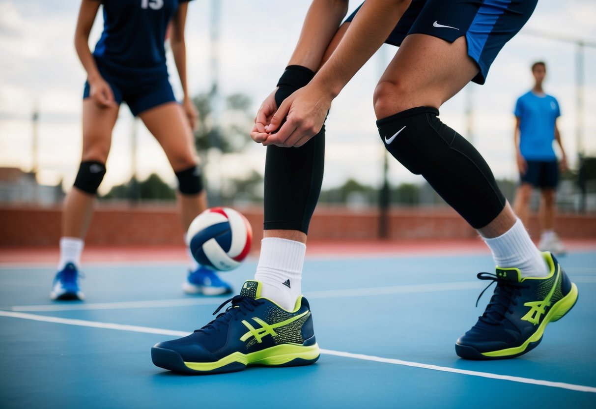 Volleyball player wearing tennis shoes on the court, ready to serve