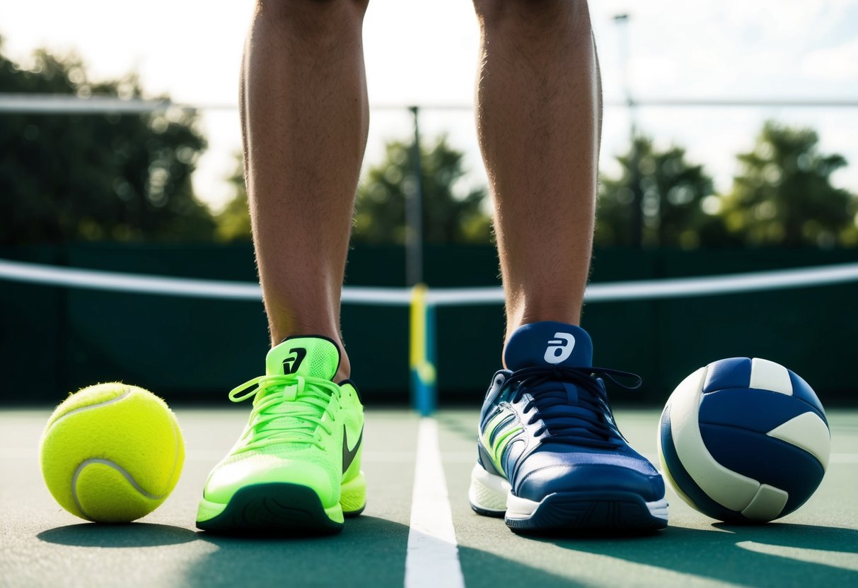 A pair of tennis shoes and volleyball shoes side by side on a court, with a volleyball and tennis ball nearby for comparison