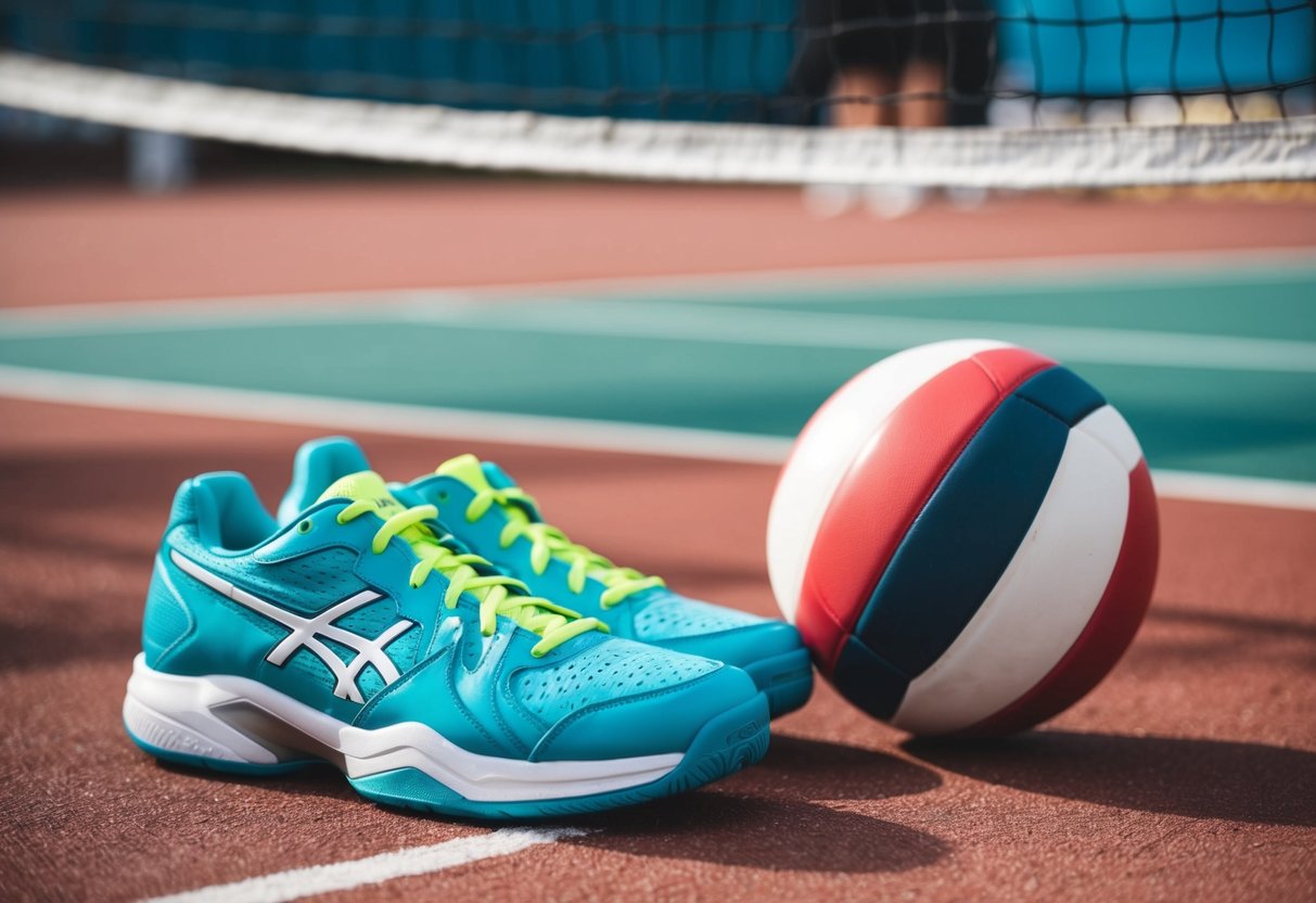 A pair of tennis shoes and a volleyball on a court