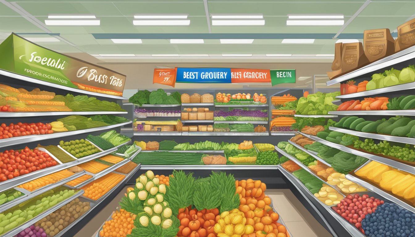 A display of trophies and medals surrounded by fresh produce and groceries, with a banner proclaiming "Best Grocery Store Chain" above