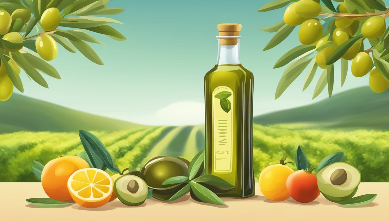 A bottle of olive oil surrounded by various fruits and vegetables, with a prominent green olive tree in the background