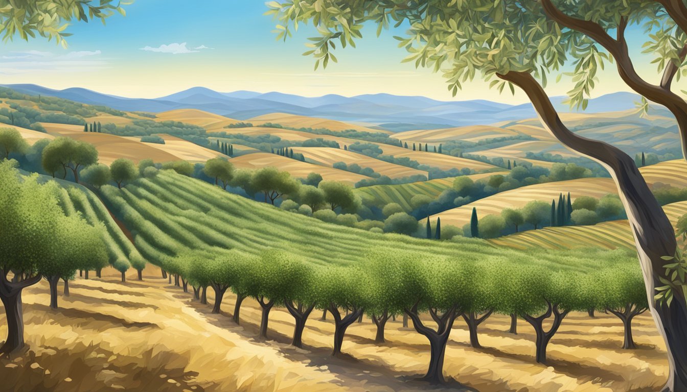 A lush olive grove with ripe olives hanging from the branches, surrounded by clear blue skies and rolling hills